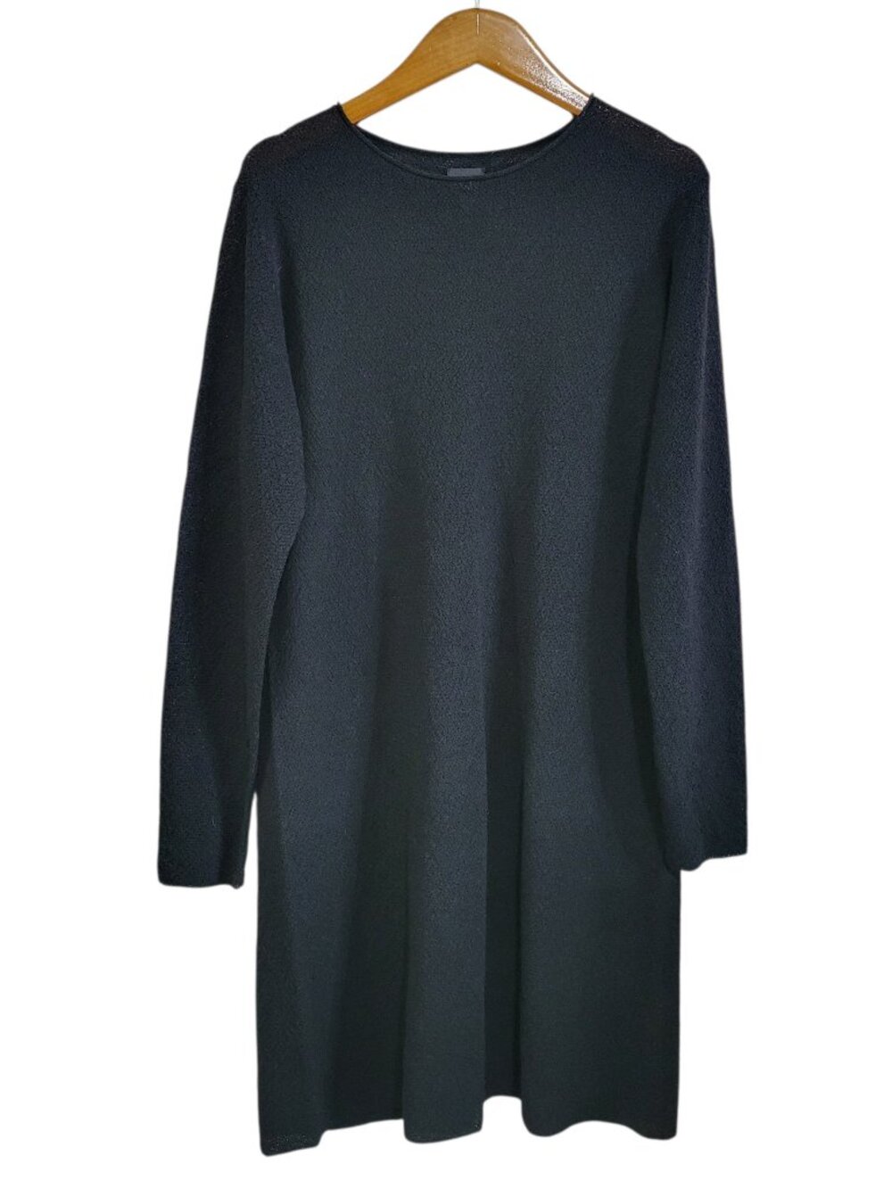 Eileen Fisher Shift Dress Womens Medium Black 100% Wool Textured Minimalist